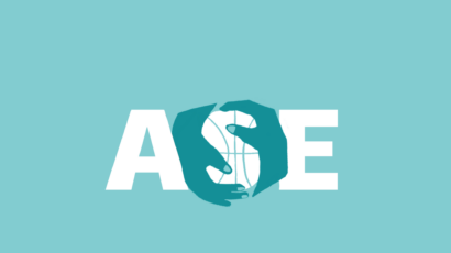 ASE Logo; letters A, S, and E but the letter S is textured like a basketball being held by two hands
